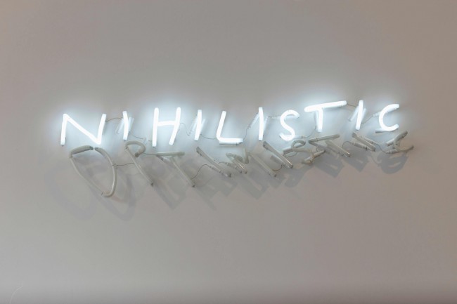 Tim Noble & Sue Webster, Nihilistic Optimistic, 2012. Neon, transformers, flasher unit, 42.4 x 153.6 cm (16¾ x 60½ in). Courtesy the artists and Blain|Southern. Photo © Peter Mallet.